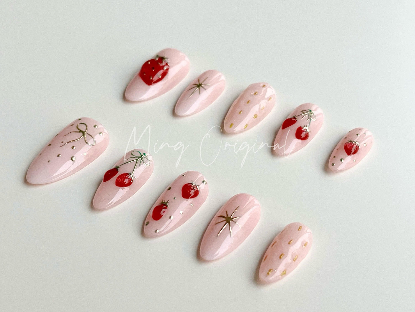 Summer Pink 3d Strawberry Nail,  Fruit Lover press on nails, Gold Chrome, Holiday Fake Nails, Gifts for Her