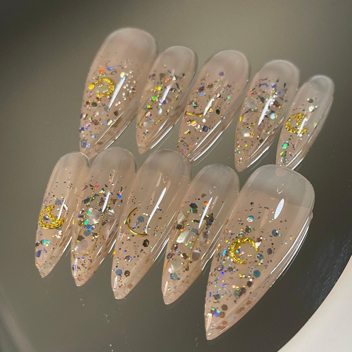 Nude holo glitter with gold Sailor moon press on nail, Premium Hand paint Nails, shell decal Japanese art nails, Handmade Gel Nails