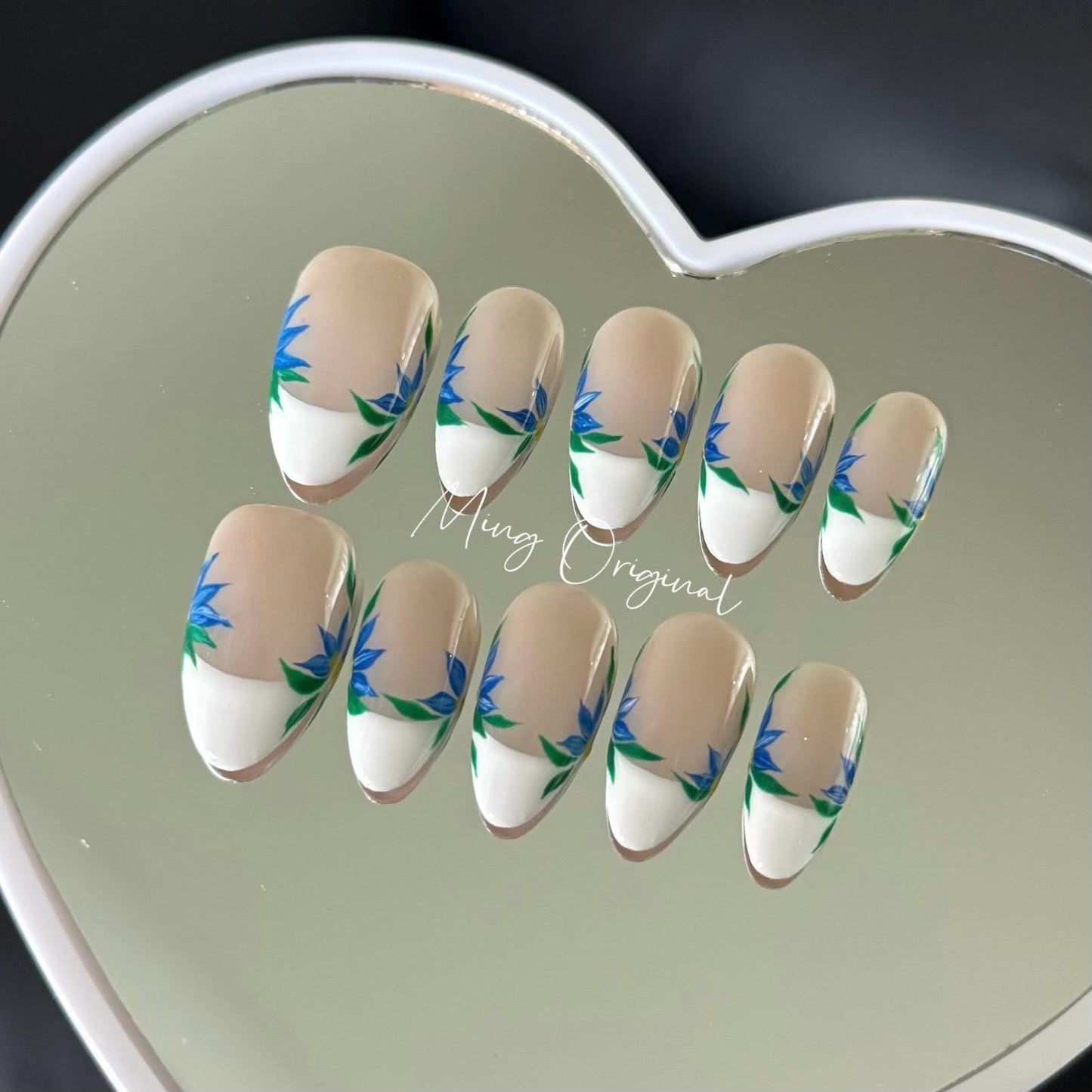 Artist sunflower leaf French tip, hand painted abstract floral Press on Nails, Christmas holiday birthday gift for her, MO320