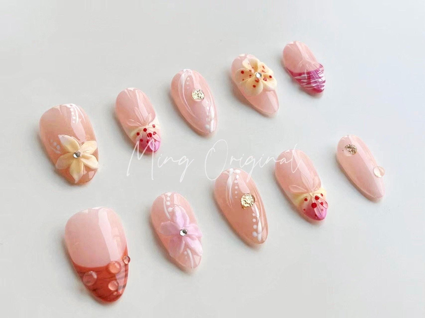 3D sculptured flower Press on Nails, Mermaid French Nails, Sunset Tropical Floral Nails, Jelly Nails