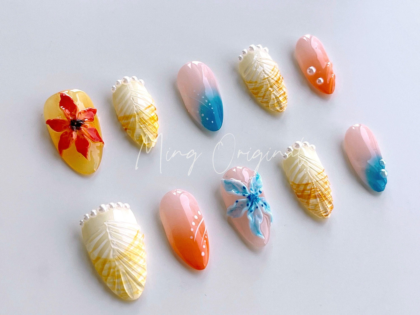 3D sculptured free style summer flower Press on Nails, Seashell Mermaid French, Fairycore Tropical Flower