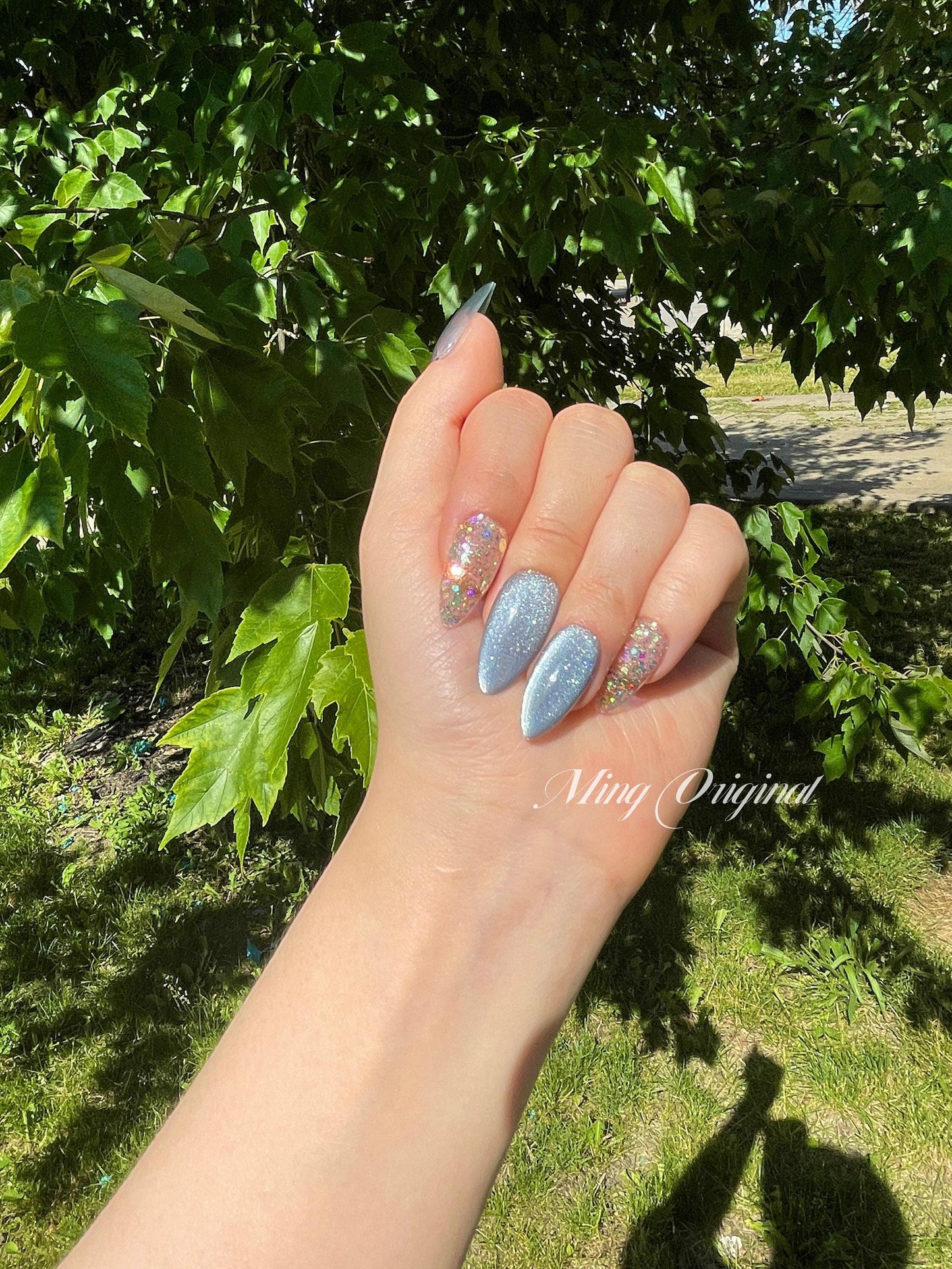 Blue cat eye with glittery shimmering press on nails, glue on nails, reuse nails, jelly fake nail, bling bling gel nail