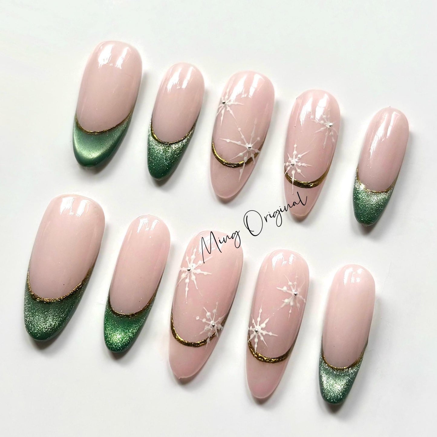 Christmas emerald green press on Nail, gemstone vibe and snowflake French tip nails, cat eye nail, Holiday Fake Nails, Gifts for Her, MO354
