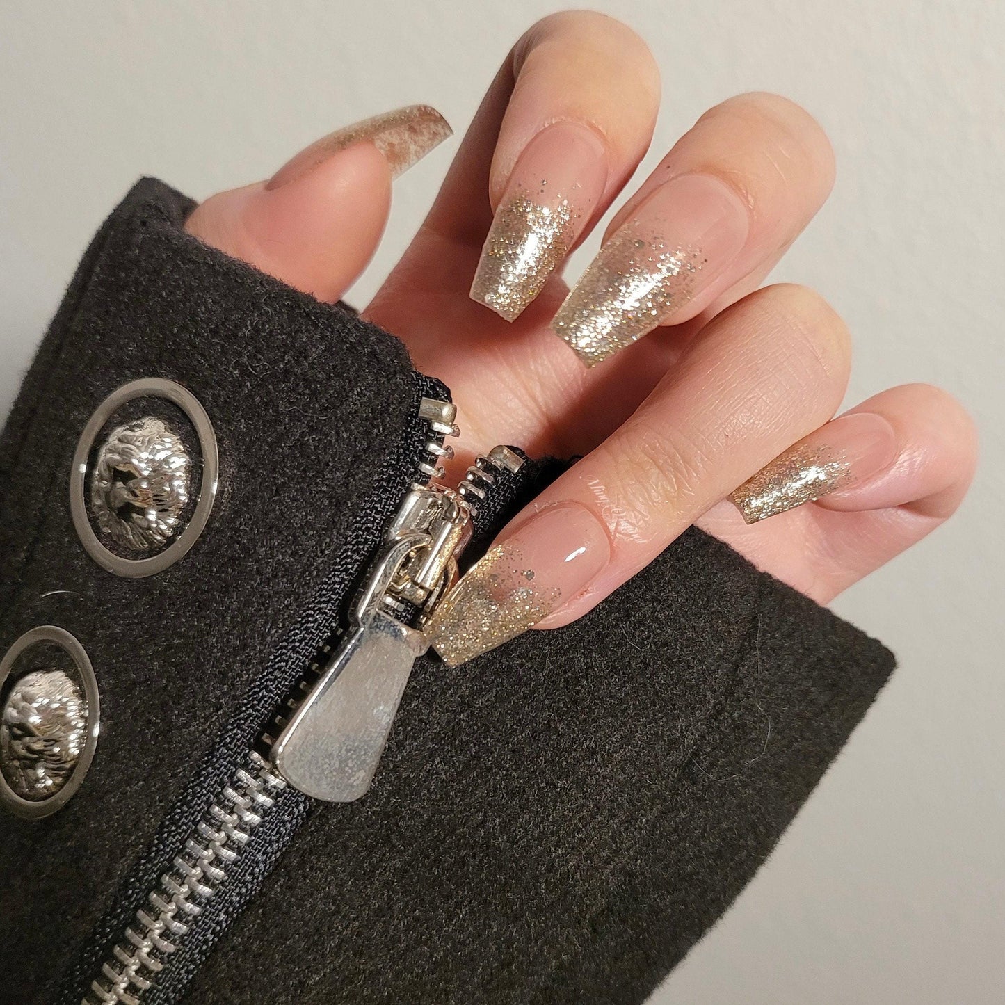 Classic nude champagne ombre glitter Press on Nails, Gradient sequins Jelly Nails,