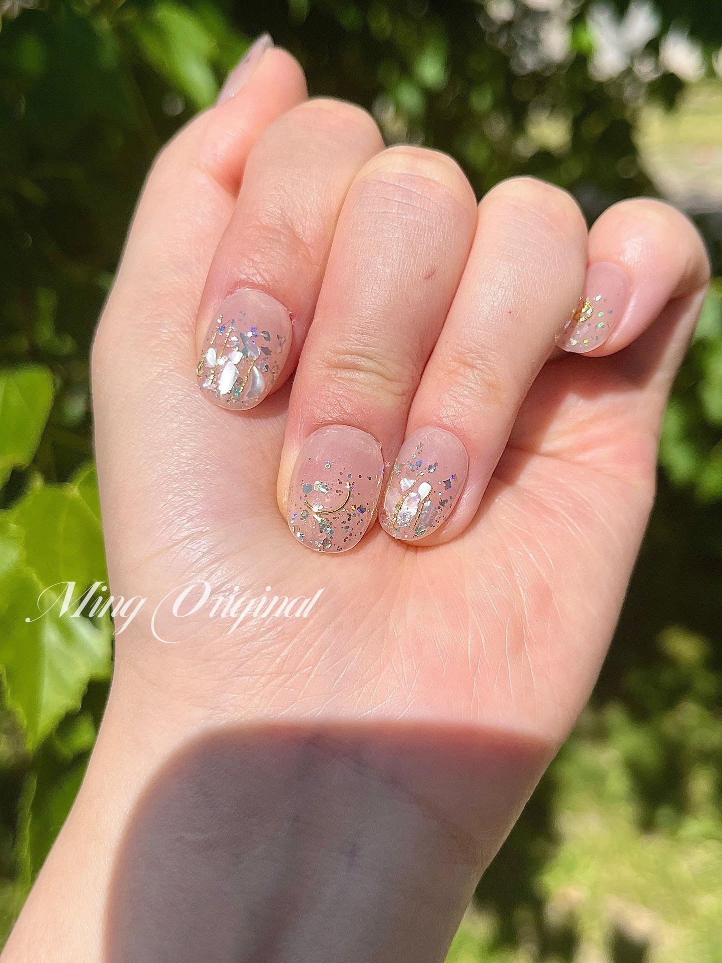 Nude holo glitter with gold Sailor moon press on nail, Premium Hand paint Nails, shell decal Japanese art nails, Handmade Gel Nails