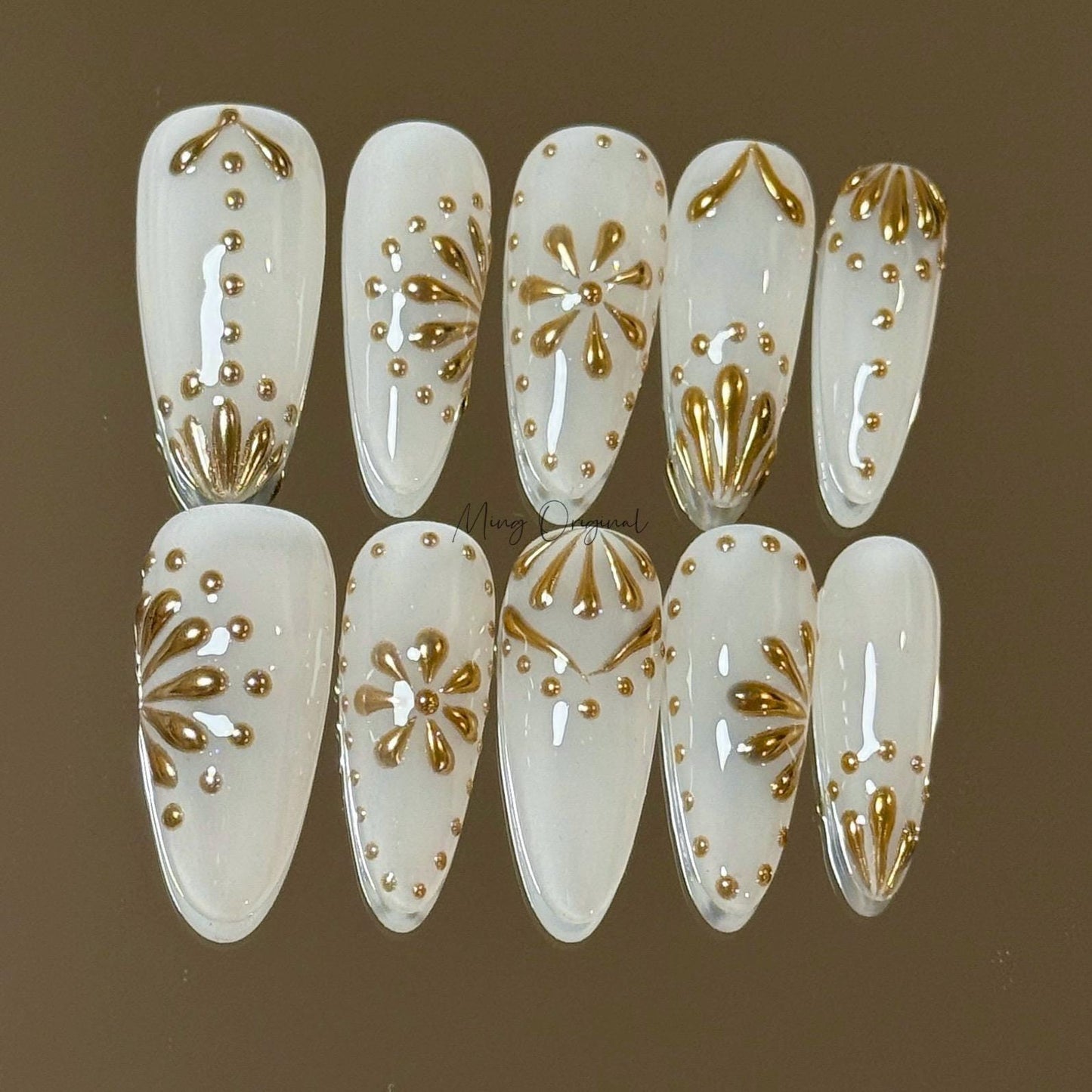 Milky white goddess 3d Chrome gold press on nails, Everyday nail,boho handmade art nail, wedding bridal nail,  gift for her, MO425