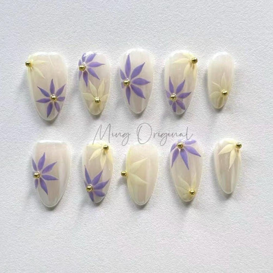 Elegant Pastel Color Daisy Flower Press on Nails, Hand Painted Cute Purple Yellow Flower and Pearlescent summer nail, gift for her,MO466
