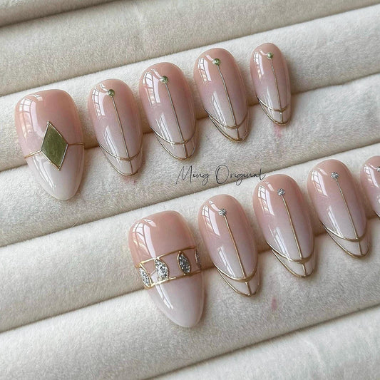 Elegant Nude Ombre Press On Nails with Gold Line Art, Minimalist Design, Handmade Nail, Glue on nail, birthday holiday gift for her, MO 398