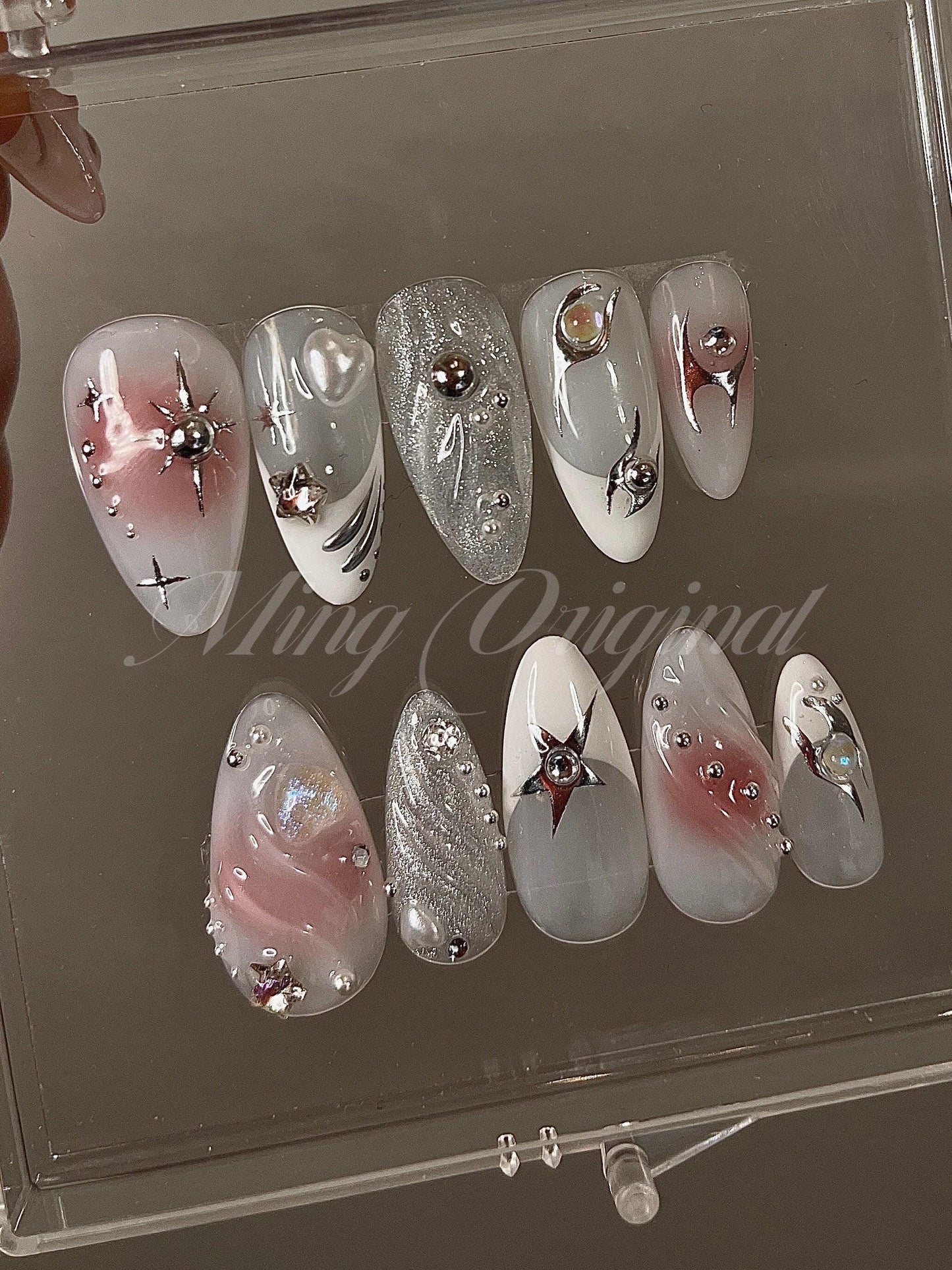 Free Style blush Shiny star y2k Nail press on, Fake nails, glitter shine, French tip, Luxury Handmade Nails