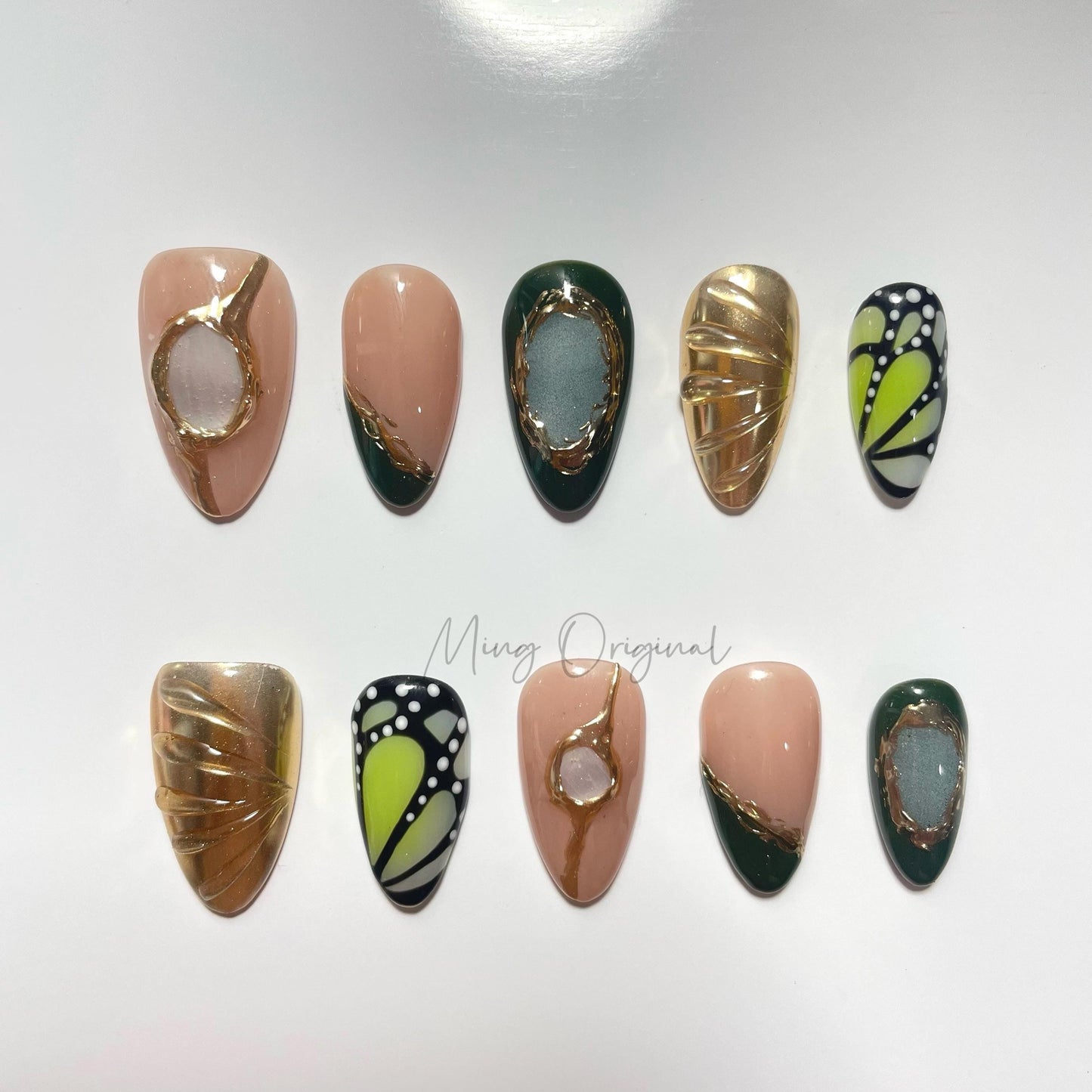 Mid Century Emarld Gold Chrome with Seashell Press on Nails, Hand Painted Butterfly Wings 3d Mermaid, vintage style, gift for her, MO459