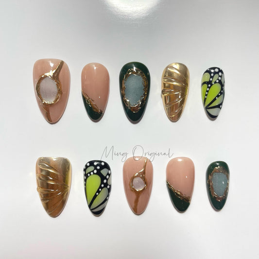 Mid Century Emarld Gold Chrome with Seashell Press on Nails, Hand Painted Butterfly Wings 3d Mermaid, vintage style, gift for her, MO459