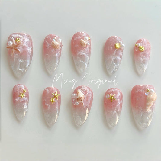 Pink Sea Mermaid Handmade 3D Seashell press on nails, glittery cat eye with pearl reusable nail, jelly fake nail