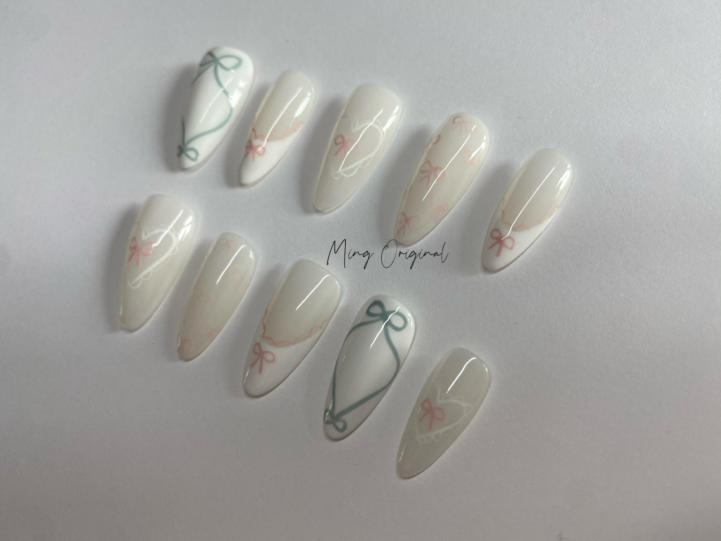 Soft Milky bow coquette press on Nail , handpainted pastel press on nails, Valentine Gifts for Her