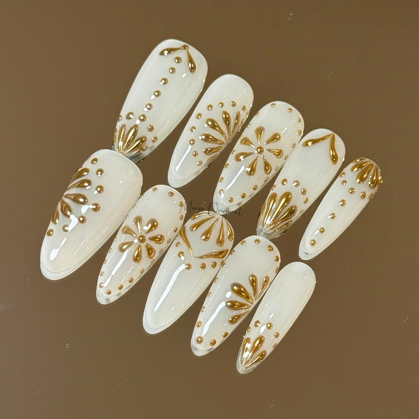 Milky white goddess 3d Chrome gold press on nails, Everyday nail,boho handmade art nail, wedding bridal nail,  gift for her, MO425