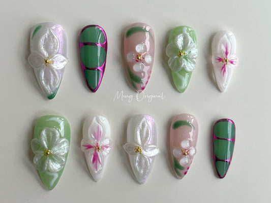 Lakeside bloosm flower press on nail, multicolor free style 3d jelly fake nail, purple chrome holiday birthday gift for her,MO347