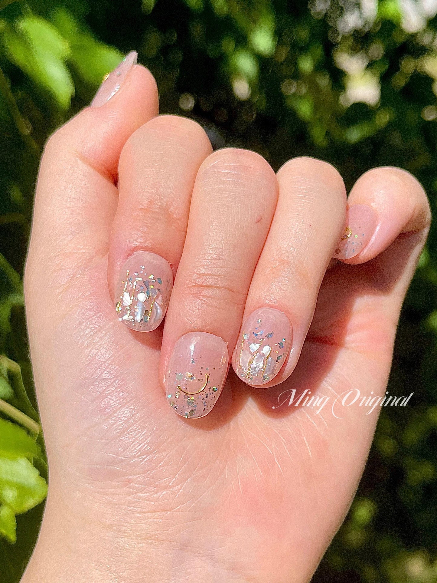 Nude holo glitter with gold Sailor moon press on nail, Premium Hand paint Nails, shell decal Japanese art nails, Handmade Gel Nails