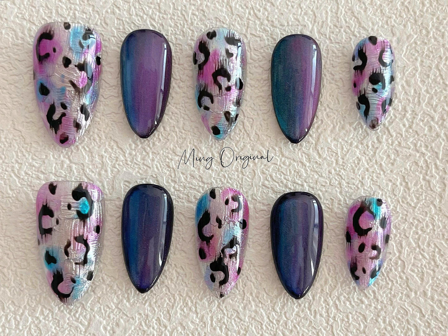 Purple Blue Chrome Leopard Press On Nails, Animal Print Nails, Multicolor Cat Eye Nail, glue on nail, birthday holiday gift for her, MO392