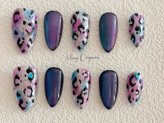 Purple Blue Chrome Leopard Press On Nails, Animal Print Nails, Multicolor Cat Eye Nail, glue on nail, birthday holiday gift for her, MO392