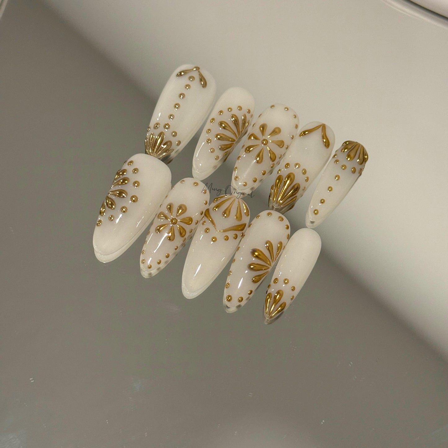 Milky white goddess 3d Chrome gold press on nails, Everyday nail,boho handmade art nail, wedding bridal nail,  gift for her, MO425