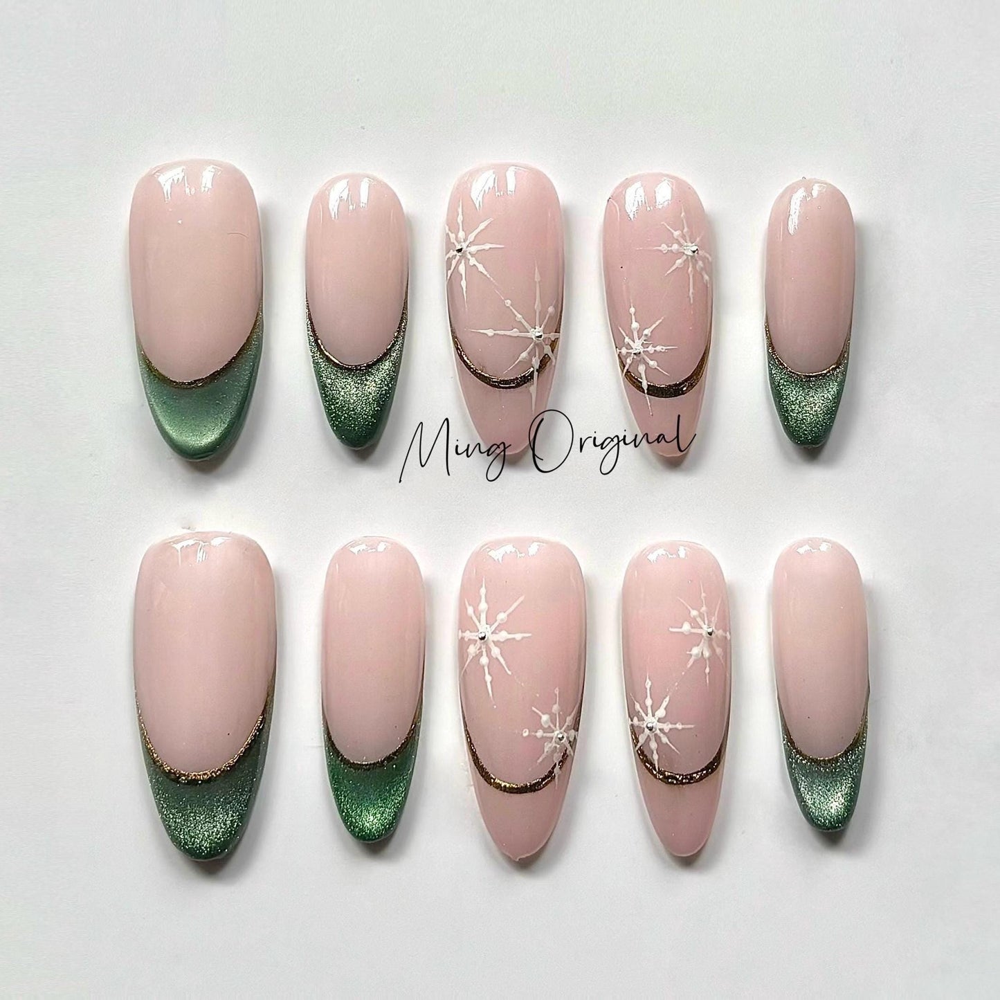 Christmas emerald green press on Nail, gemstone vibe and snowflake French tip nails, cat eye nail, Holiday Fake Nails, Gifts for Her, MO354