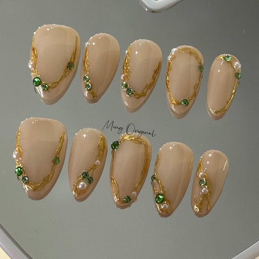 Gold chrome detail jewel Nail press on, free style Metallic fake nail with emerald rhinestone, Luxury Handmade Nails, gift for her, MO404