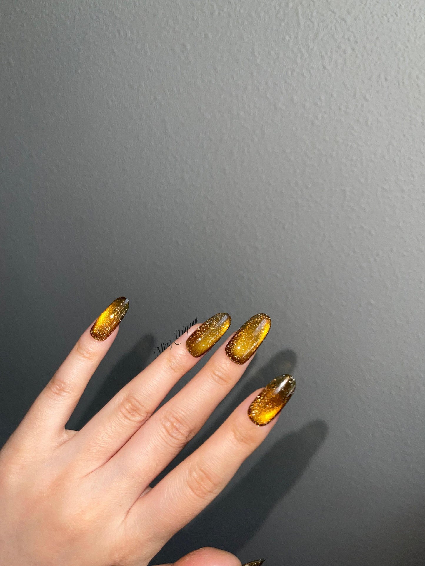 Da Amber| glass beads inspired magnetic cat eye press on nails, yellow/golden nails, semitransparent reuse nails, glitter fake nail