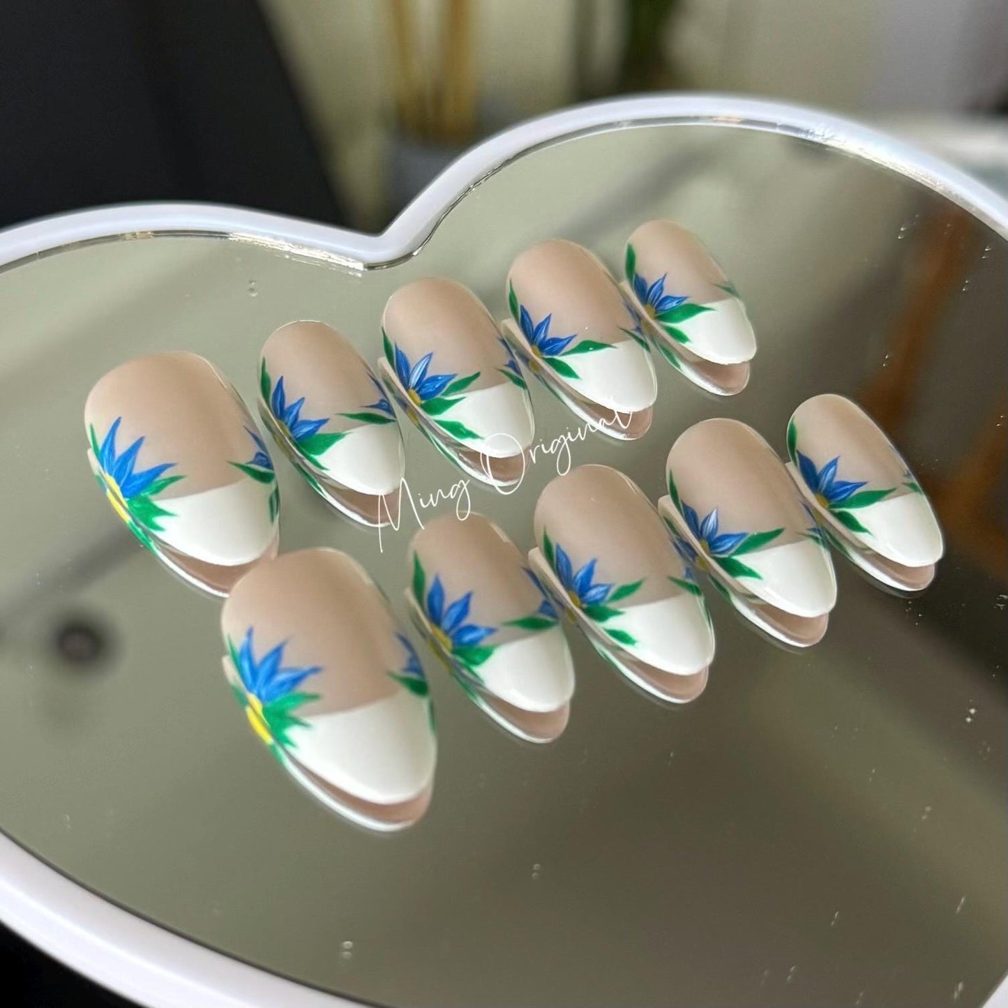 Artist sunflower leaf French tip, hand painted abstract floral Press on Nails, Christmas holiday birthday gift for her, MO320