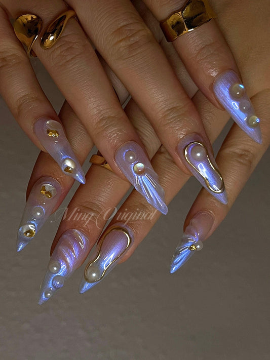 3D Y2K aurora Mermaid press on nails, Aura Seashell with pearl reusable nail, jelly fake nail