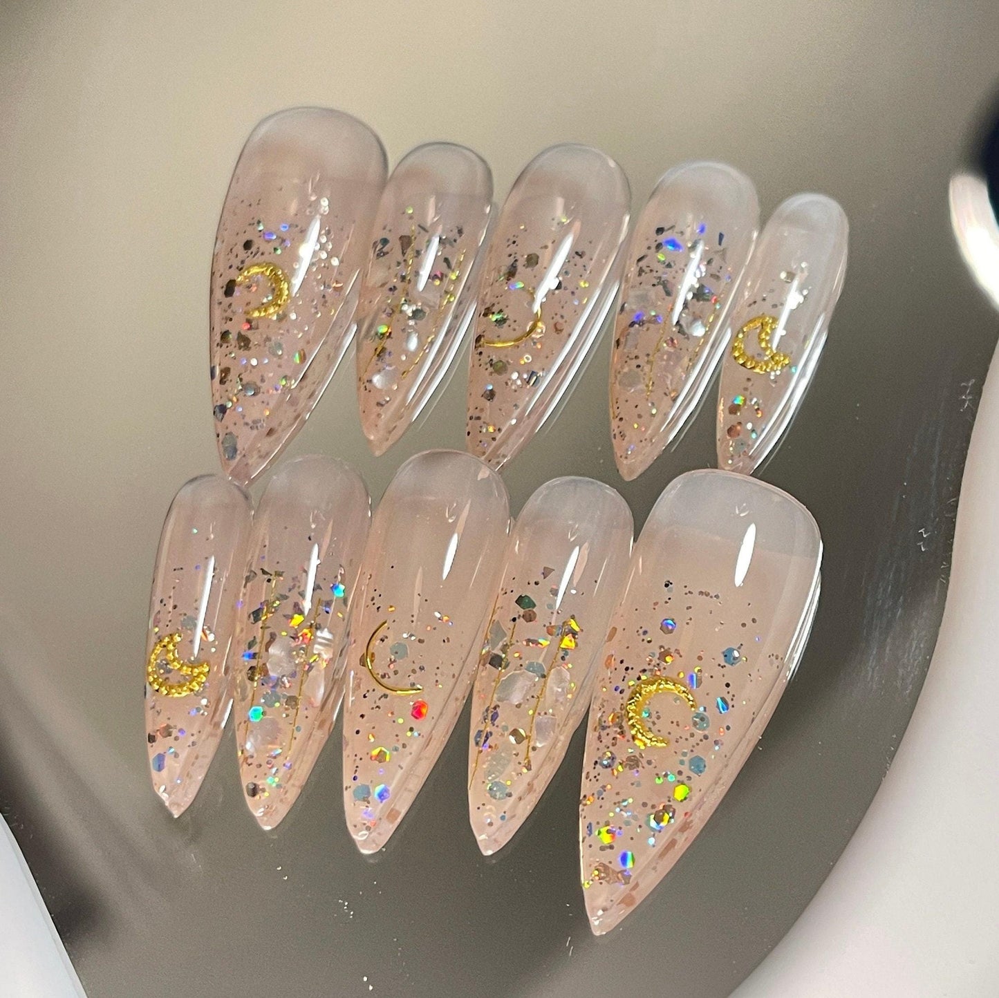 Nude holo glitter with gold Sailor moon press on nail, Premium Hand paint Nails, shell decal Japanese art nails, Handmade Gel Nails