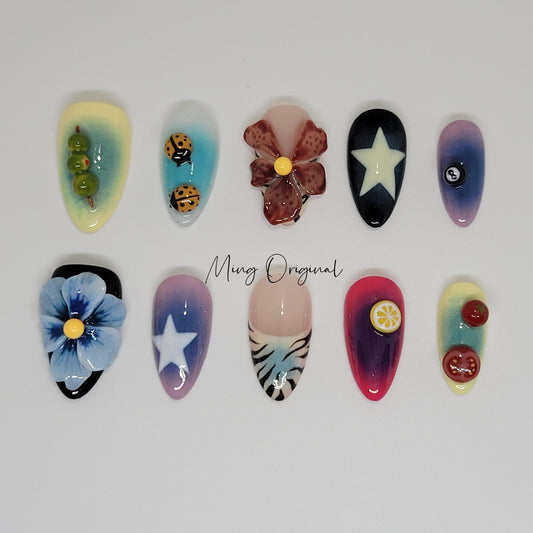 Tropical Rainforest Floral Bug Insect lover press on nails, free style beetles and flowers,glue on nail, holiday birthday gift for her MO352