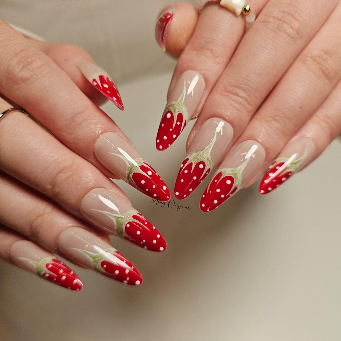 Christmas Red Strawberry press on Nail,  Fruit Lover press on nails, strawberry tip glue on nail, Holiday Fake Nails, Gifts for Her, MO295