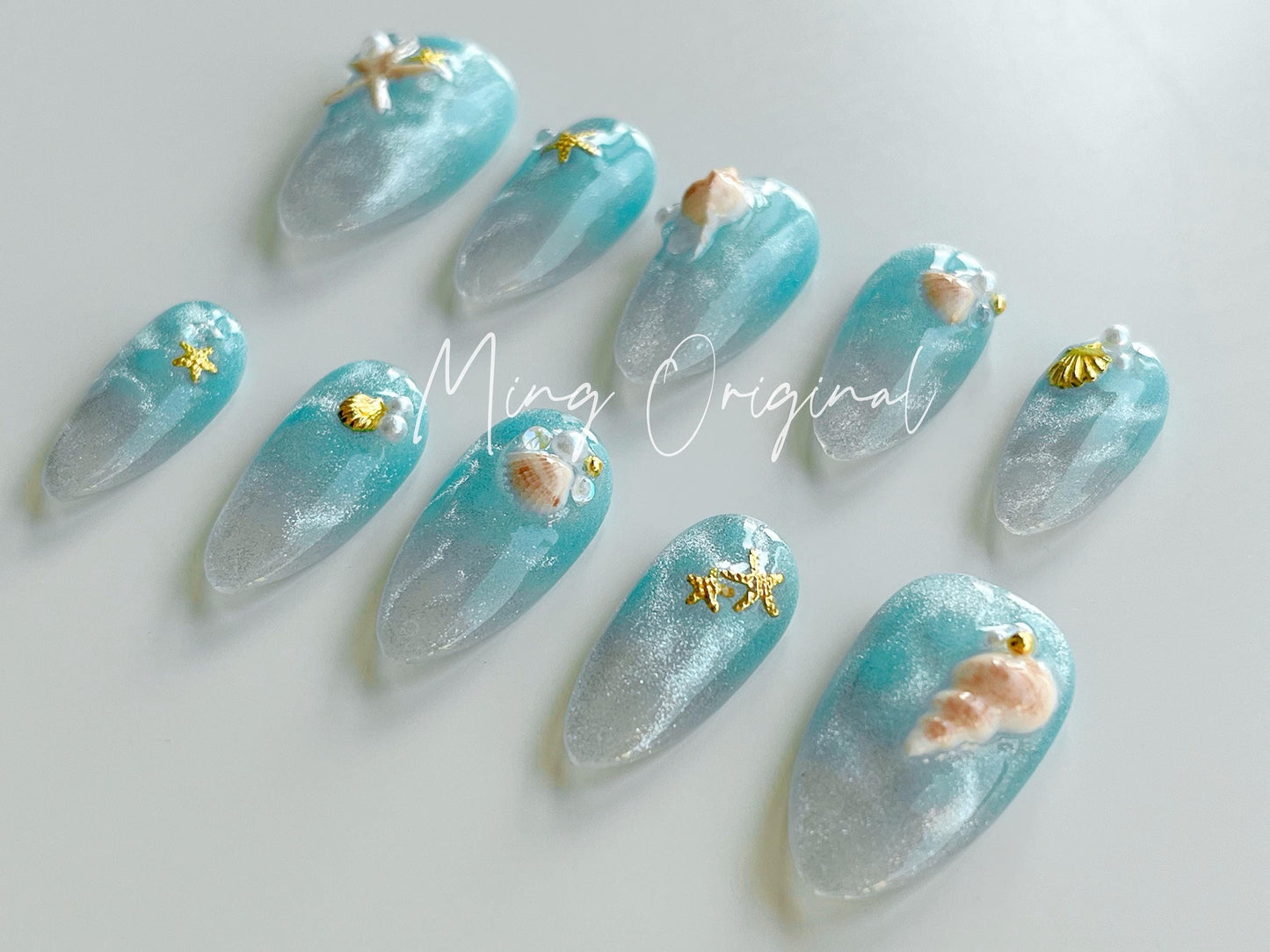 Blue Sea Mermaid Handmade 3D Seashell press on nails, glittery cat eye with pearl reusable nail, jelly fake nail