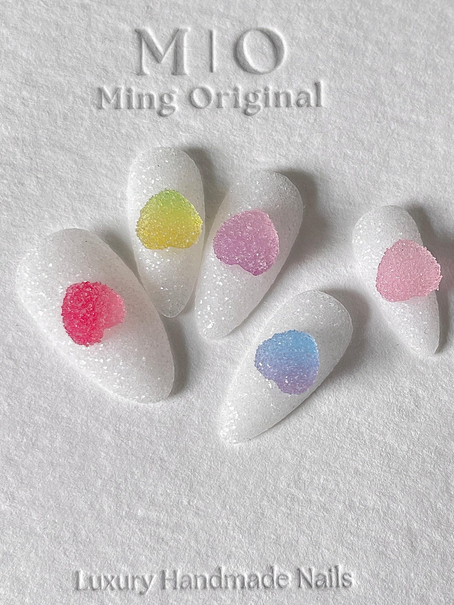 Milky White Sugar Glitter rainbow heart gummy candy Press on Nails, Colorful ombre Gradient Sparkly summer nails