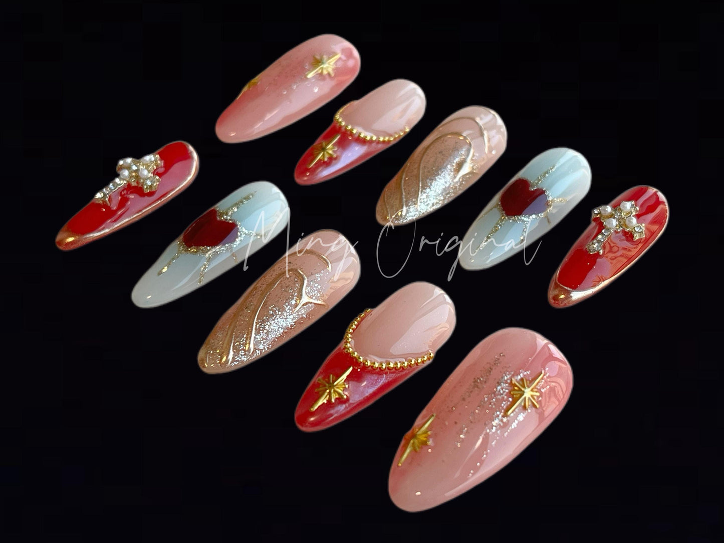 Royal 3D Free Style Golden press on nails, red and blue color, chrome, ombre color, French tip