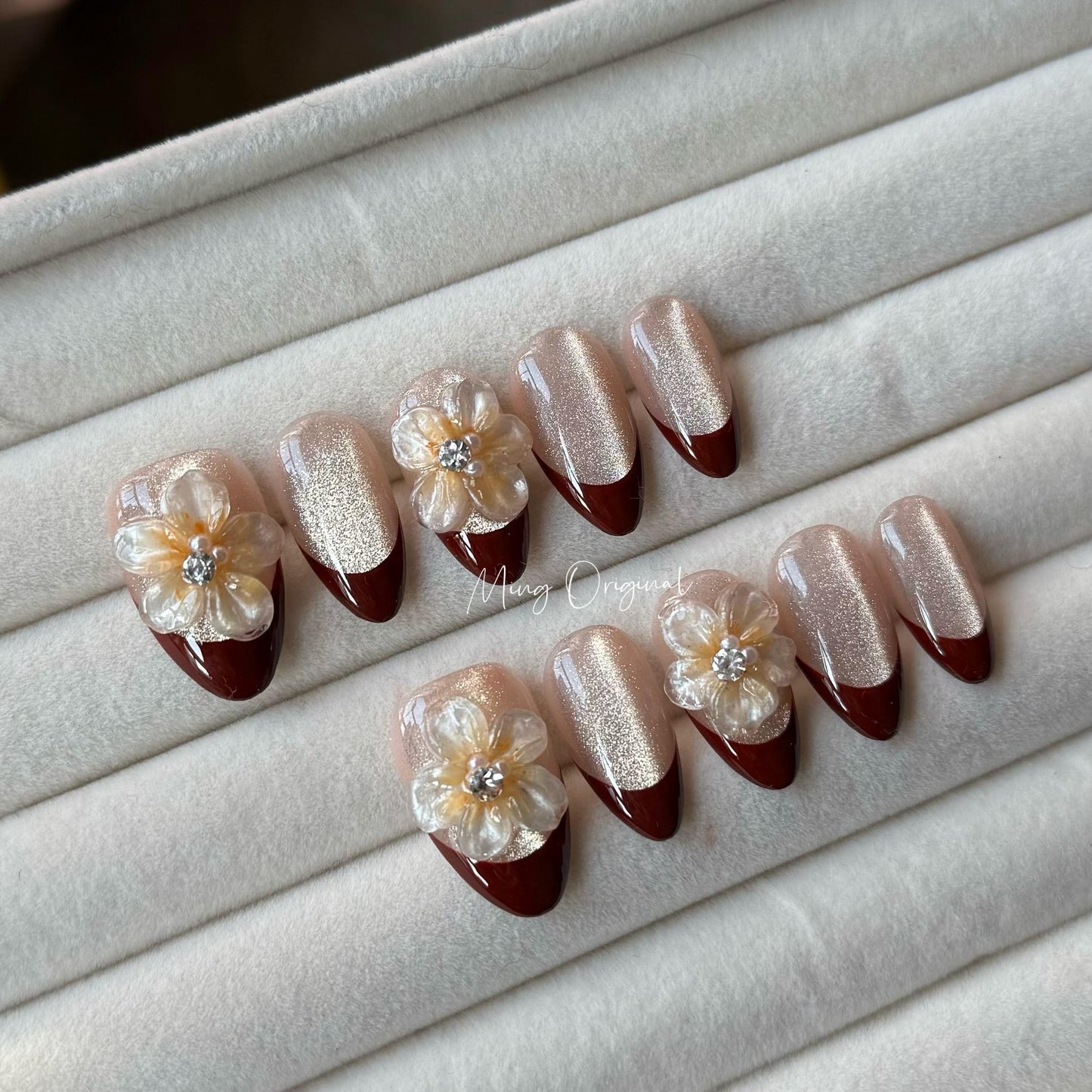 Red French tip nude cateye press on nails, 3d double layered jelly flower Nails, pearl decal,  birthday Christmas holiday gift for her MO318