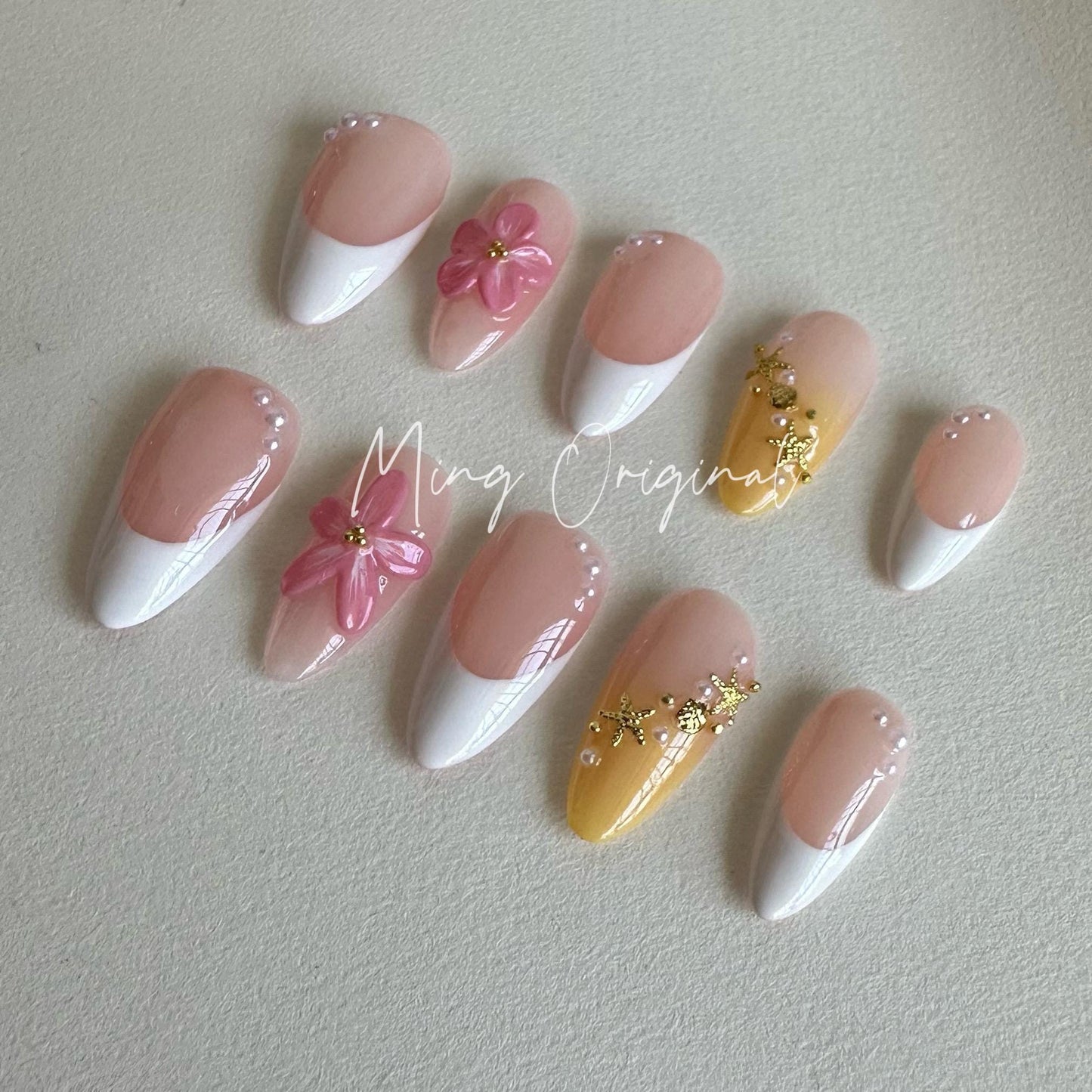 3D sculptured flower Press on Nails, Mermaid Star French Nails, Tropical Floral Nails, Jelly Nails