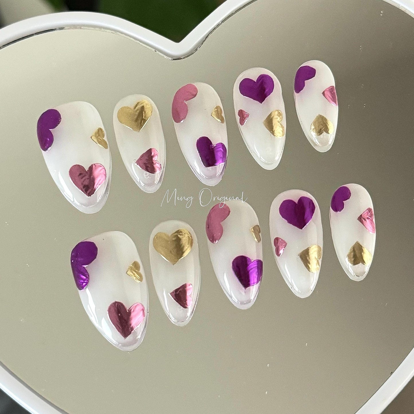 Vivid love milky white press on Nail, purple pink chrome heart glue on nail, Holiday Fake Nails, valentine Gifts for Her, MO370