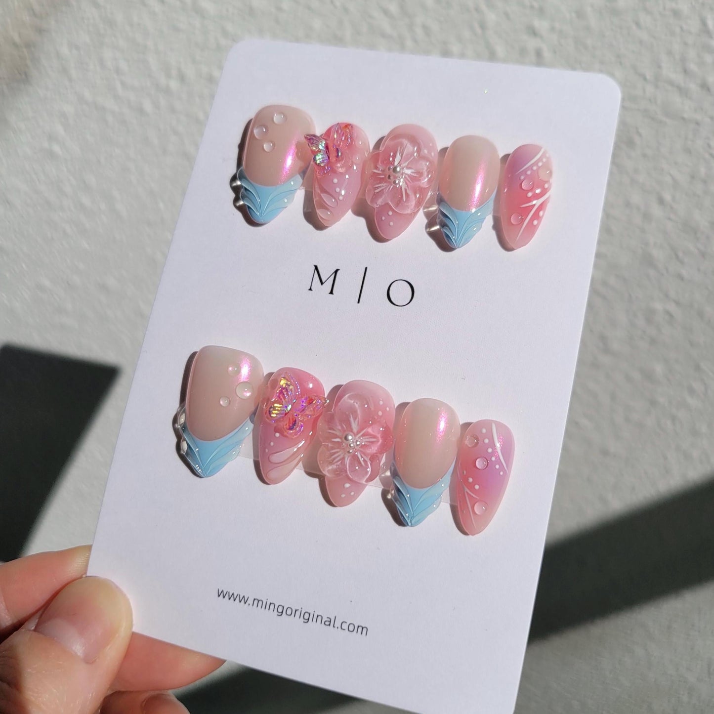 3d flower airbrush pink glittery butterfly aura Press on Nails, blue french tip free style 3d handmade Nails,MO276