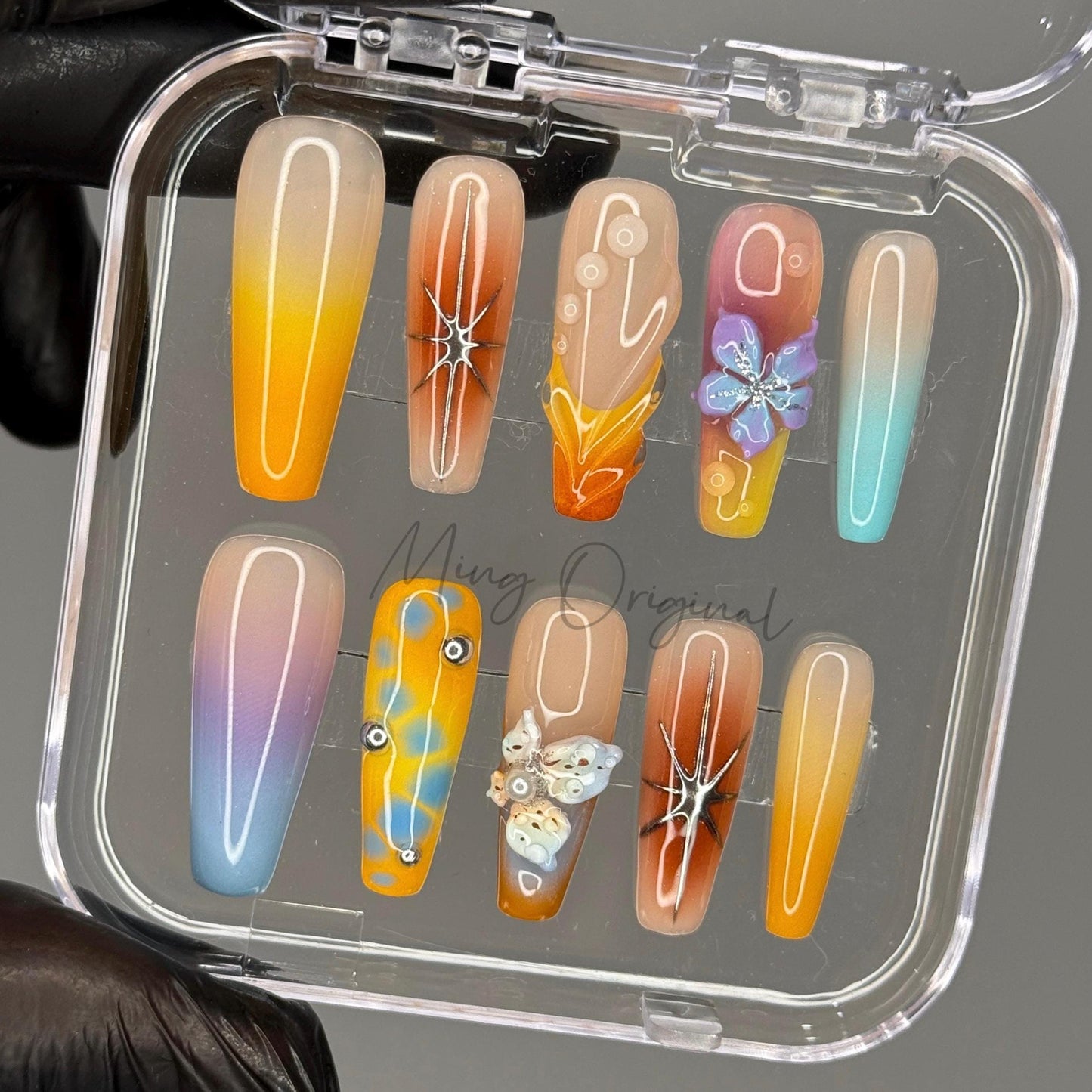 Vivid Beach Colorful Airbrush Ombre 3d Flower press on nails, blue orange purple yellow hand painted candy color vacation nail, gift, MO467