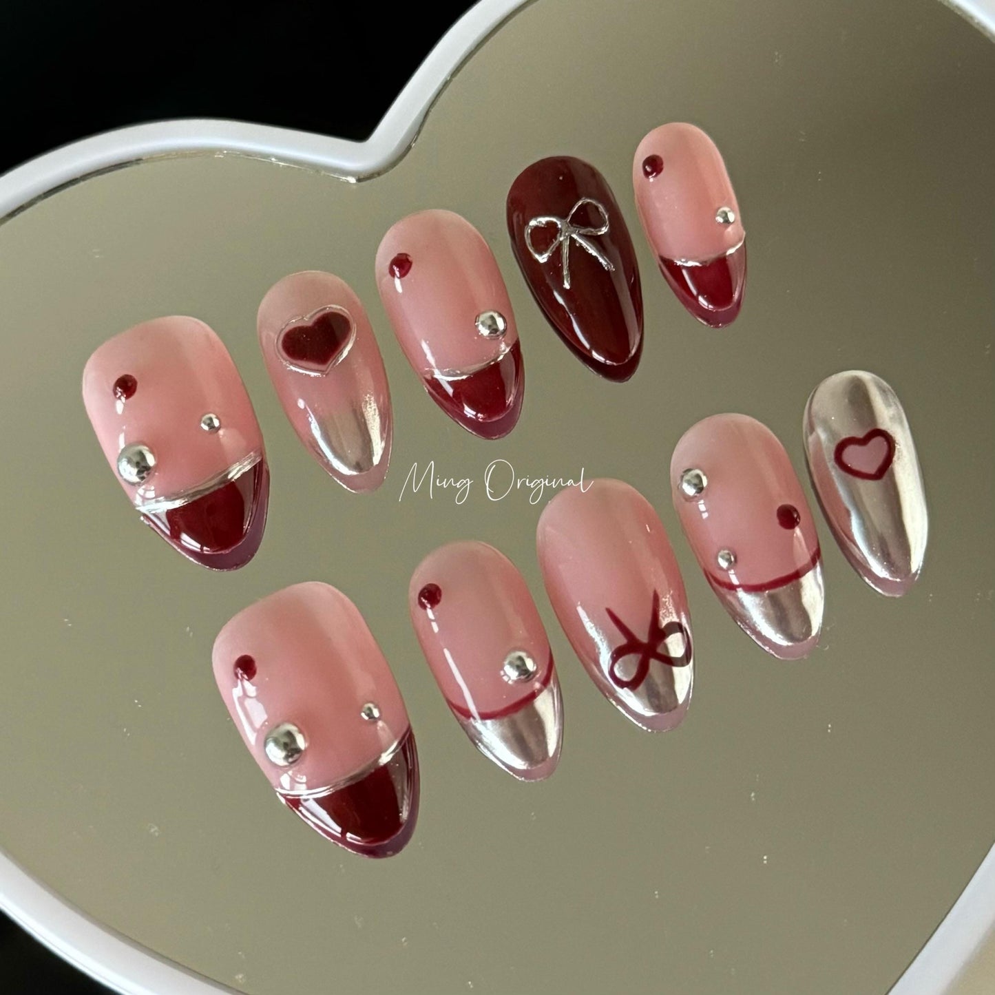 Cute metallic 3d heart bow coquette press on Nail, red french tip glue on nail, Holiday Fake Nails, Christmas new year Gifts for Her, MO371