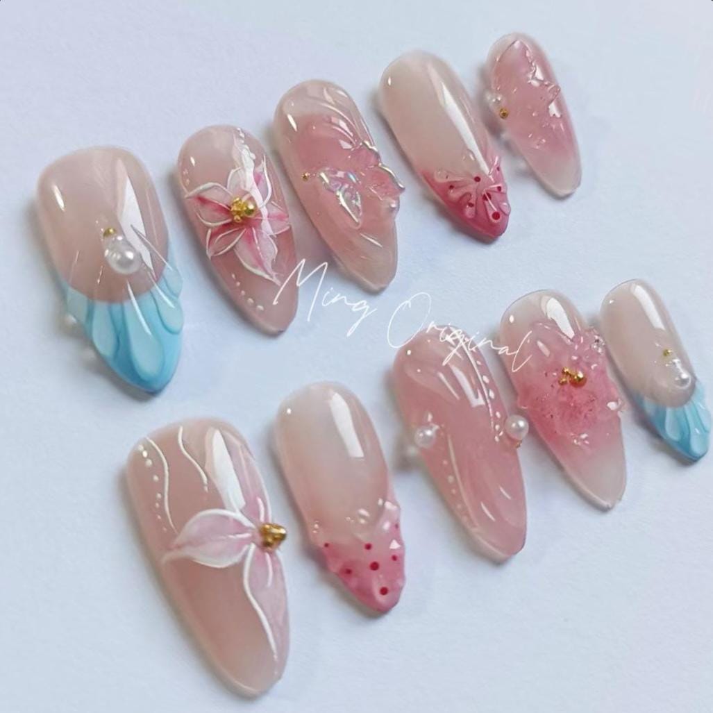 Peach blossom 3D sculptured flower Press on Nails, Mermaid Butterfly Nails, Clear Orchard Floral Nails, Jelly Nails, gift for her, MO237