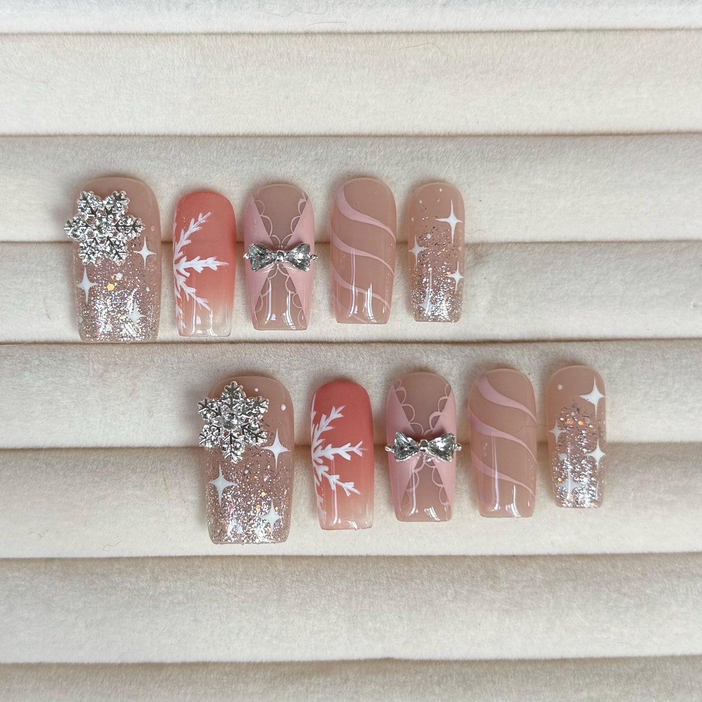 Festival winter snowflake press on Nail, pink swirl nail, sparkling crystal glittery glue on nail, Xmas Gifts for Her, MO359