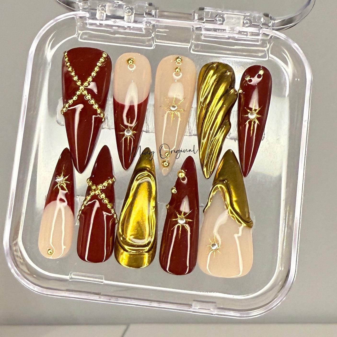 3D red and gold free style press on nails, gold chrome detail nail, heart and Star glue on nail, nude jelly fake nail, gift for her,MO422