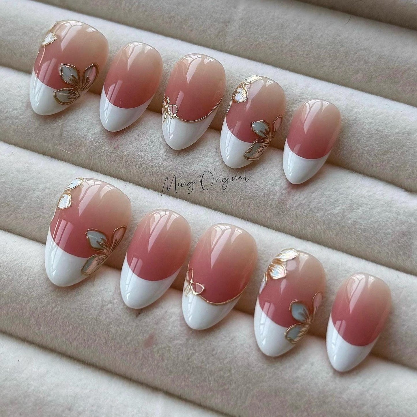 Elegant Classy French Ombre with Chrome flower press on nails,White Tip and gold frame floral, wedding bridal art nail,  gift for her, MO394