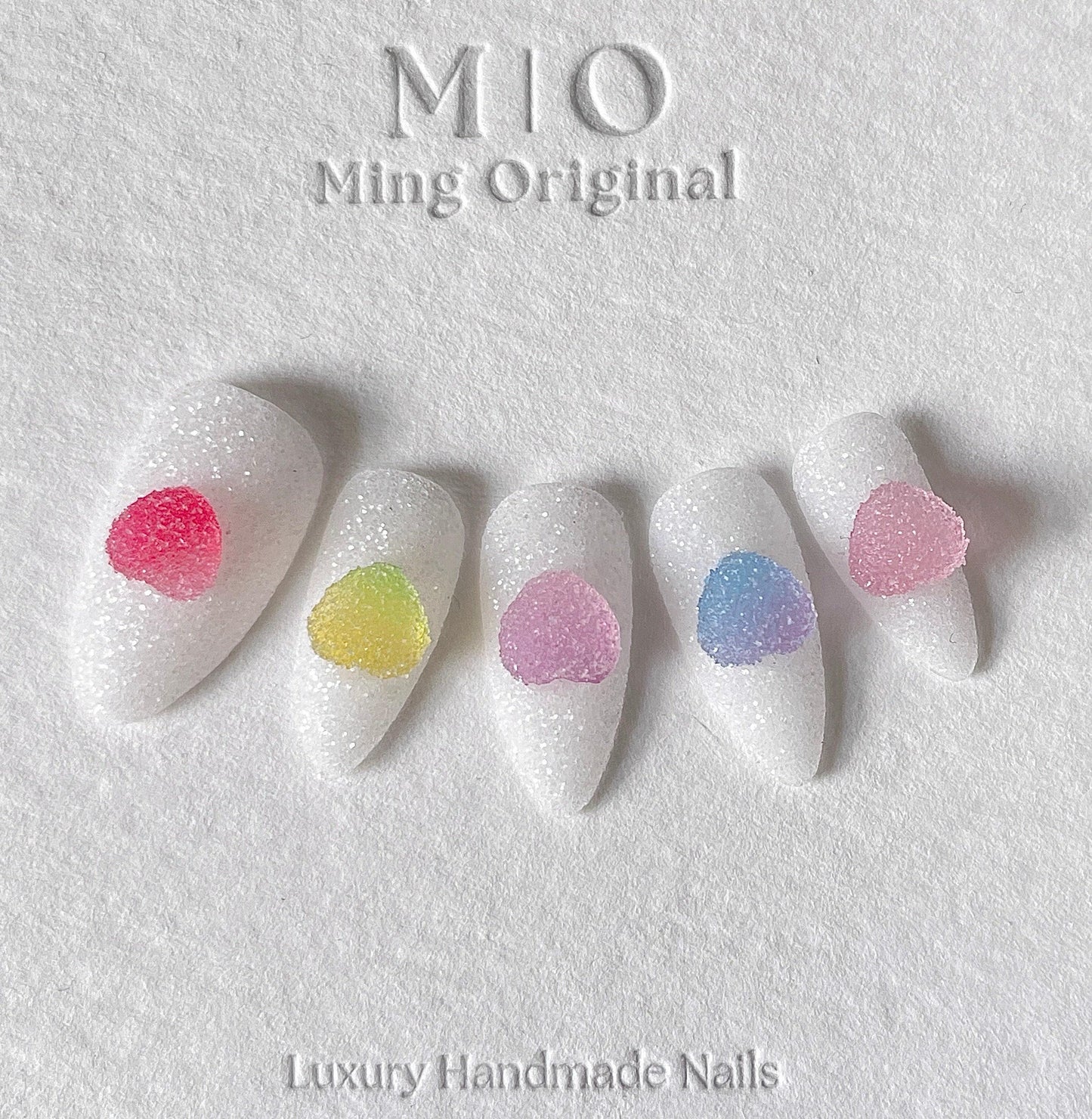 Milky White Sugar Glitter rainbow heart gummy candy Press on Nails, Colorful ombre Gradient Sparkly summer nails