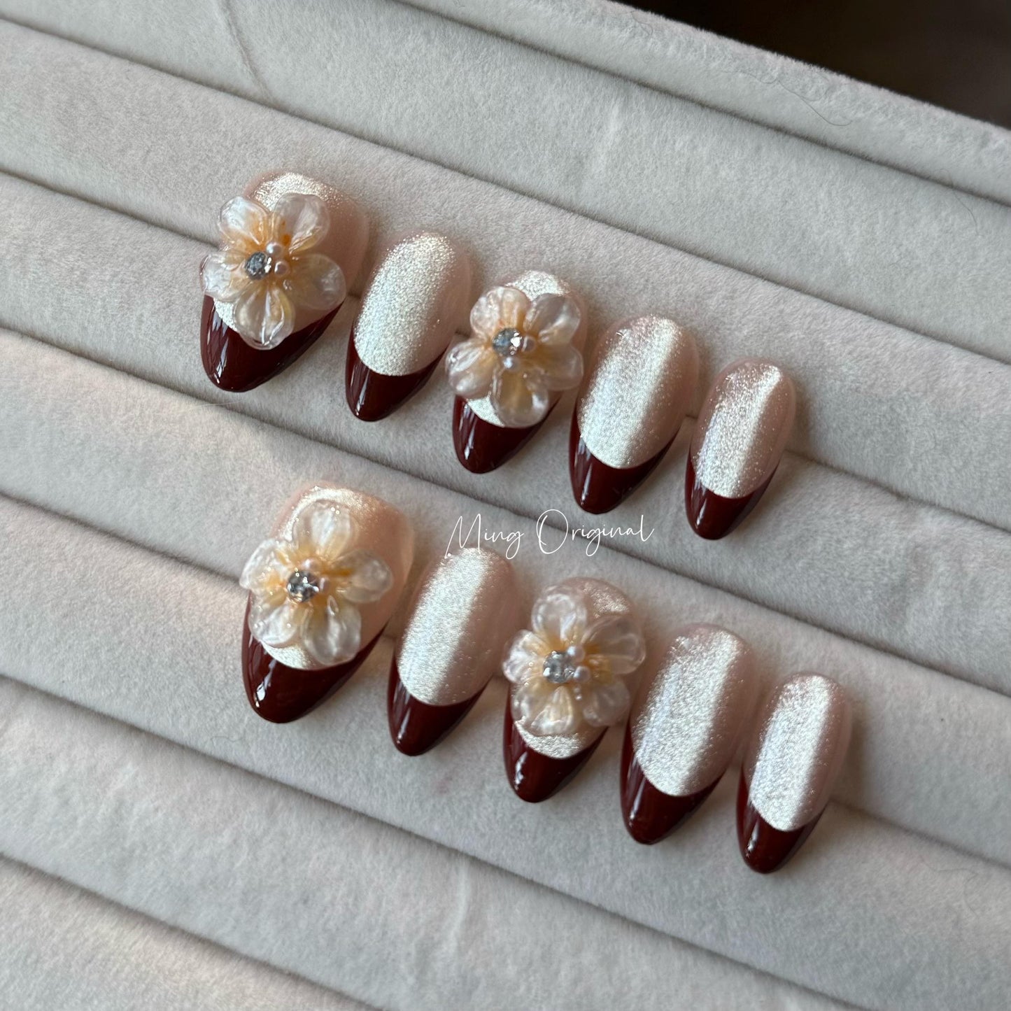 Red French tip nude cateye press on nails, 3d double layered jelly flower Nails, pearl decal,  birthday Christmas holiday gift for her MO318