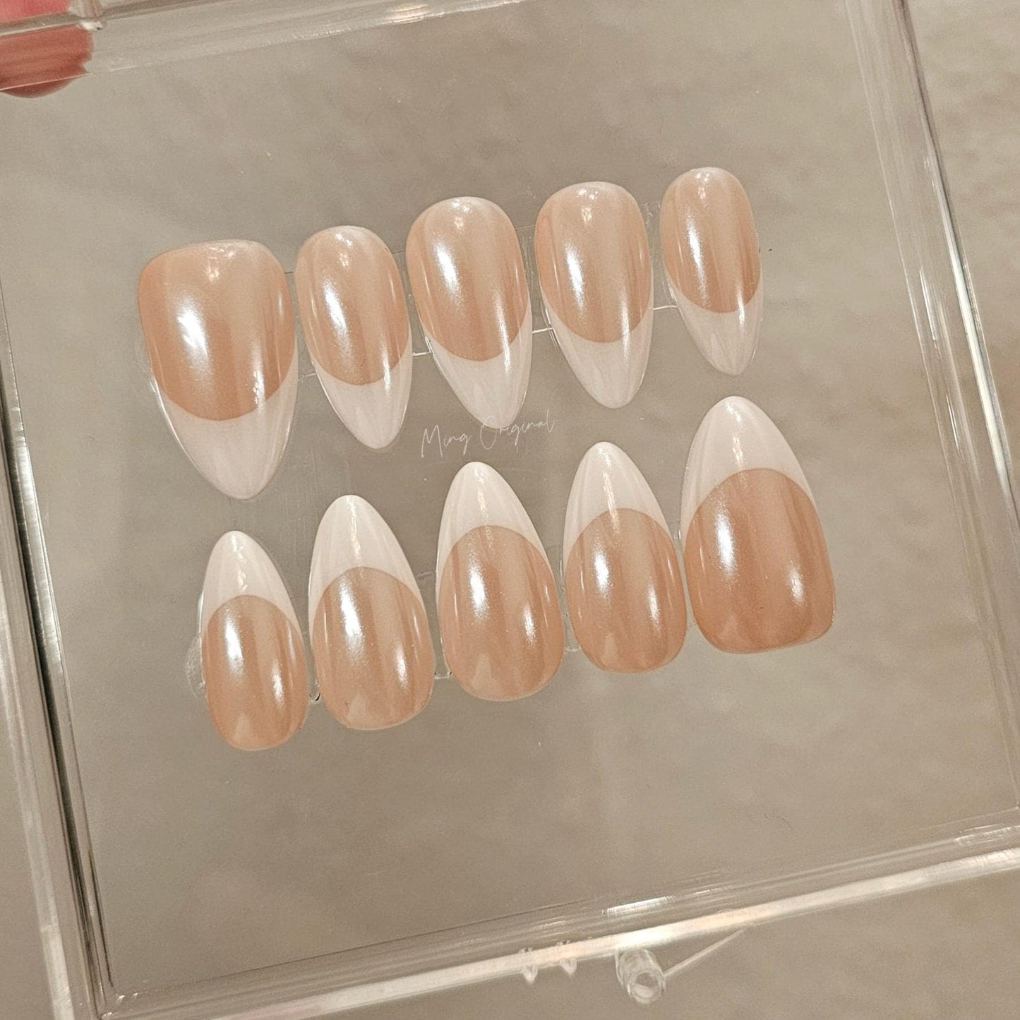 Glazed donuts French Tip nail, pearl chrome Fake nails, nude nail, Handmade jelly nail