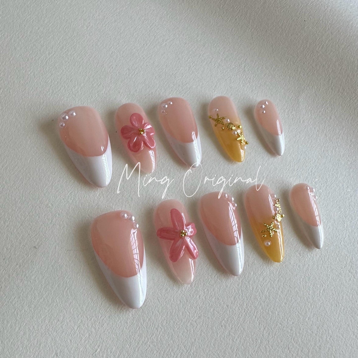 3D sculptured flower Press on Nails, Mermaid Star French Nails, Tropical Floral Nails, Jelly Nails