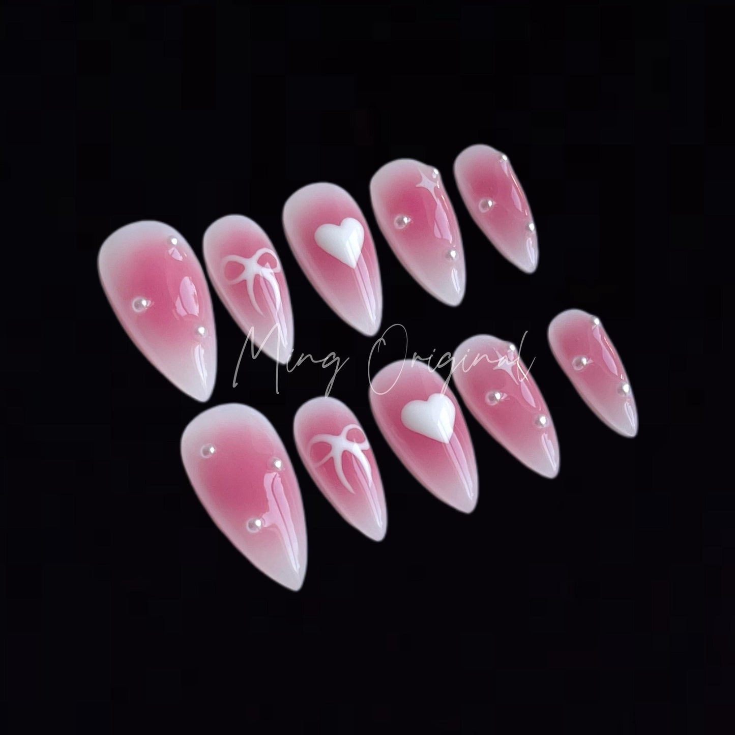 Pink blush girly pearl press on nail, hand painted bow and heart, milky white nail, jelly fake nail