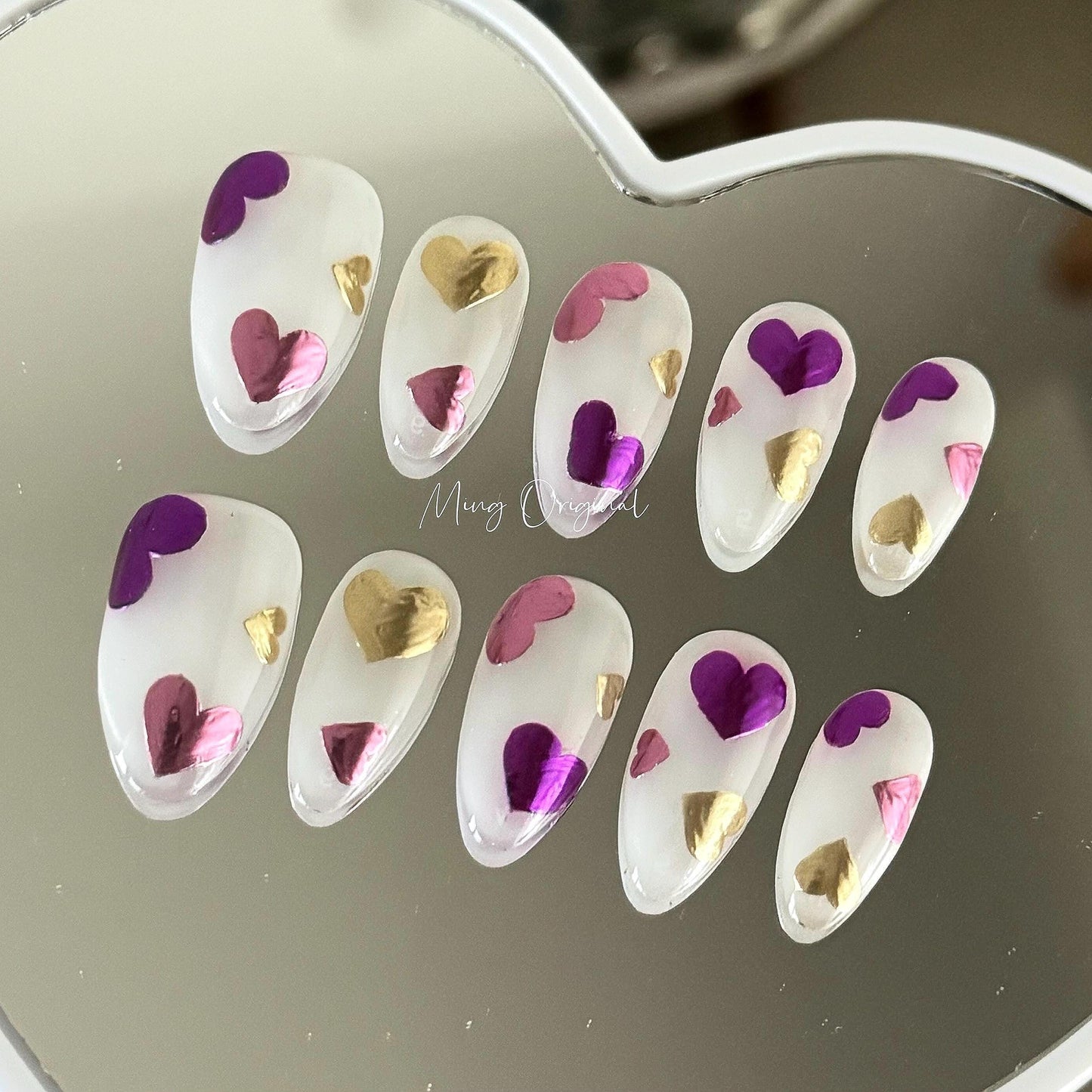 Vivid love milky white press on Nail, purple pink chrome heart glue on nail, Holiday Fake Nails, valentine Gifts for Her, MO370